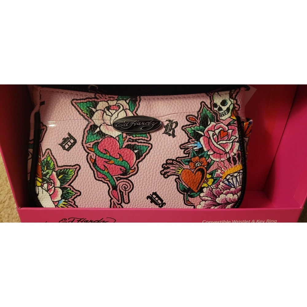 Ed Hardy Gift Box Convertible Wristlet Skull Floral Pink. NO KEY RING!! - Picture 7 of 9